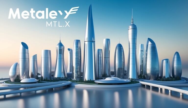Futuristic city skyline with tall, shiny, silver skyscrapers and bridges