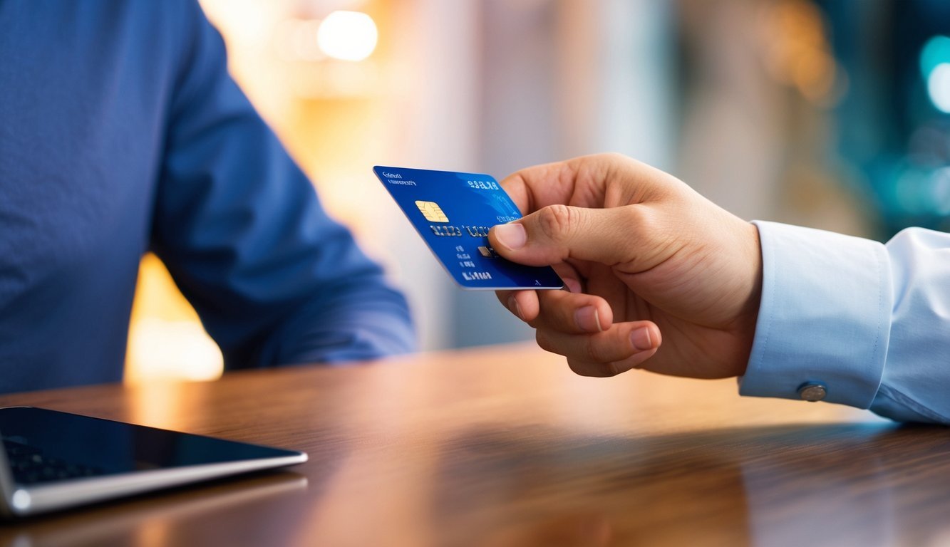 A hand swiping a credit card to make a purchase