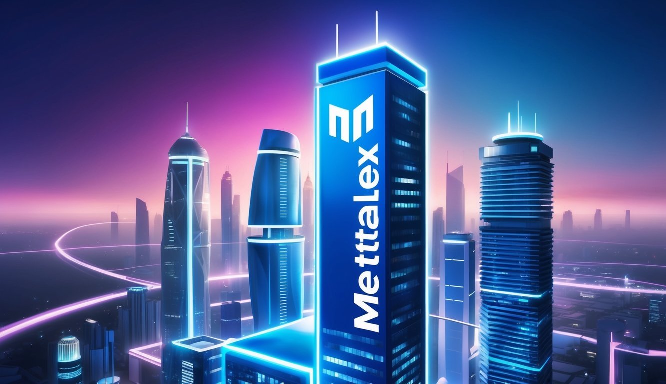 A futuristic city skyline with a prominent Mettalex logo displayed on a towering building.</p><p>Bright lights and sleek, modern architecture convey a sense of innovation and technology