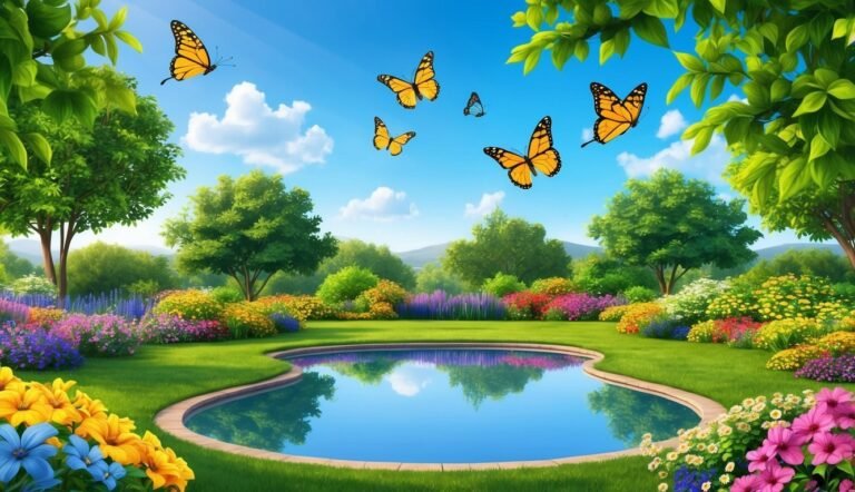 Butterflies fly over a garden with a pond and colorful flowers
