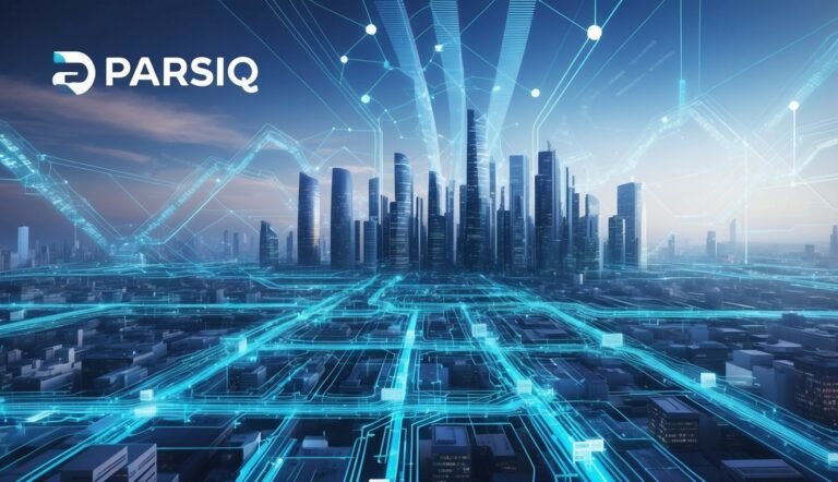 Cityscape with digital overlay, PARSIQ logo, and data lines connecting buildings