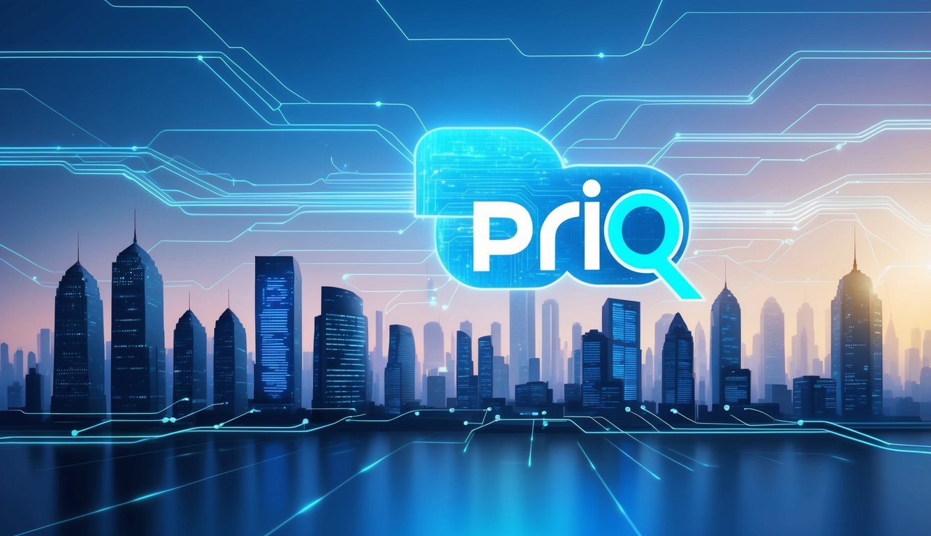 A futuristic city skyline with digital data streams connecting various buildings.</p><p>A glowing logo of Parsiq (PRQ) is prominently displayed on a large screen