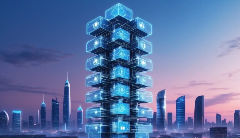 Futuristic skyscraper made of glowing blue data blocks, city skyline background