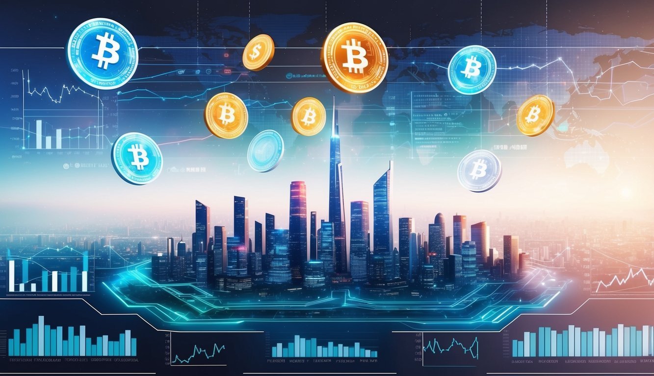 A futuristic city skyline with digital currency symbols floating in the air, surrounded by graphs and charts representing economic data