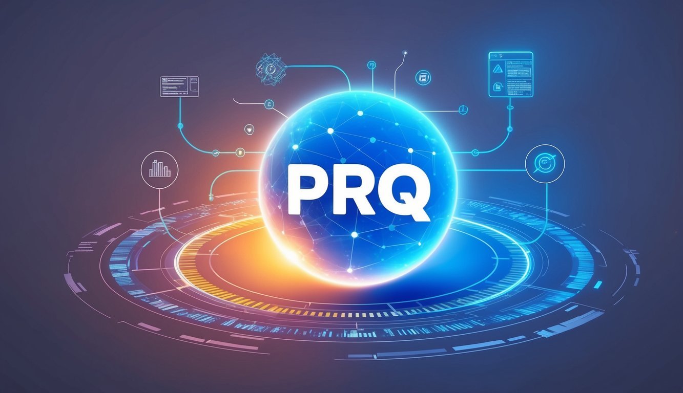 A glowing orb surrounded by data streams and symbols, representing the technology of Parsiq (PRQ)