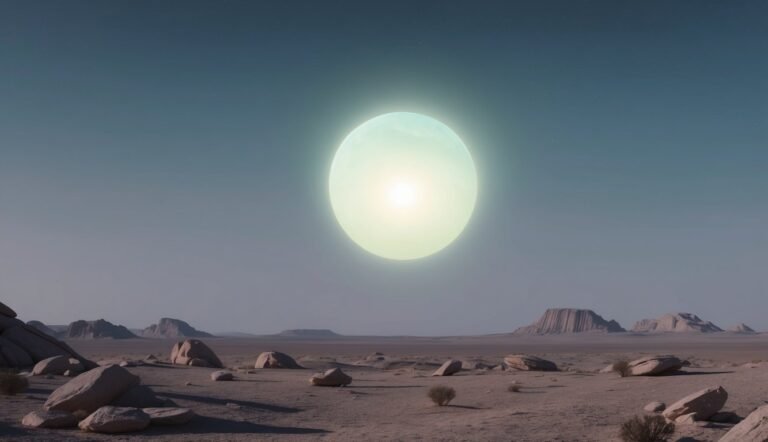 Glowing orb in the sky over a desert landscape with rocks and mountains