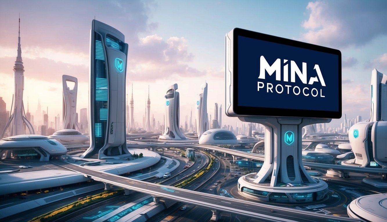 A futuristic cityscape with Mina Protocol logo displayed prominently on a digital billboard.</p><p>The city is bustling with high-tech infrastructure and advanced transportation systems