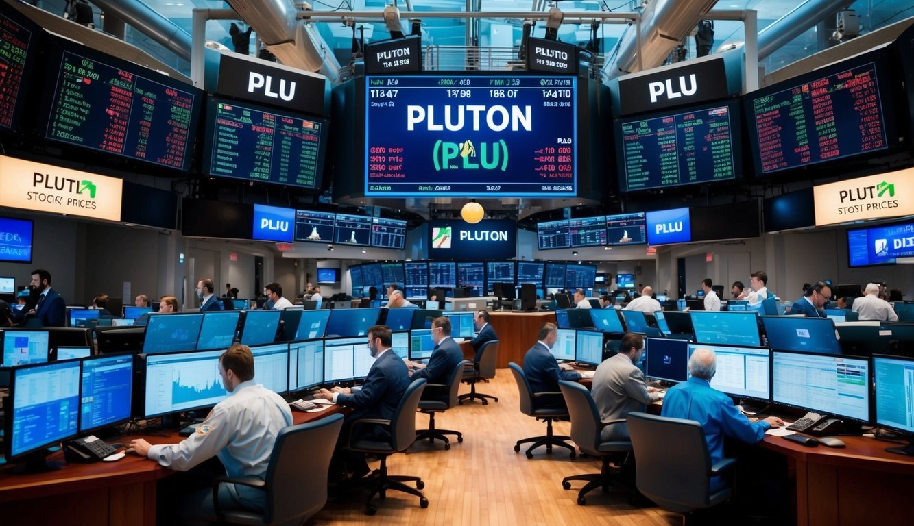 A bustling trading floor with digital screens showing Pluton (PLU) stock prices, traders making deals, and investors analyzing data