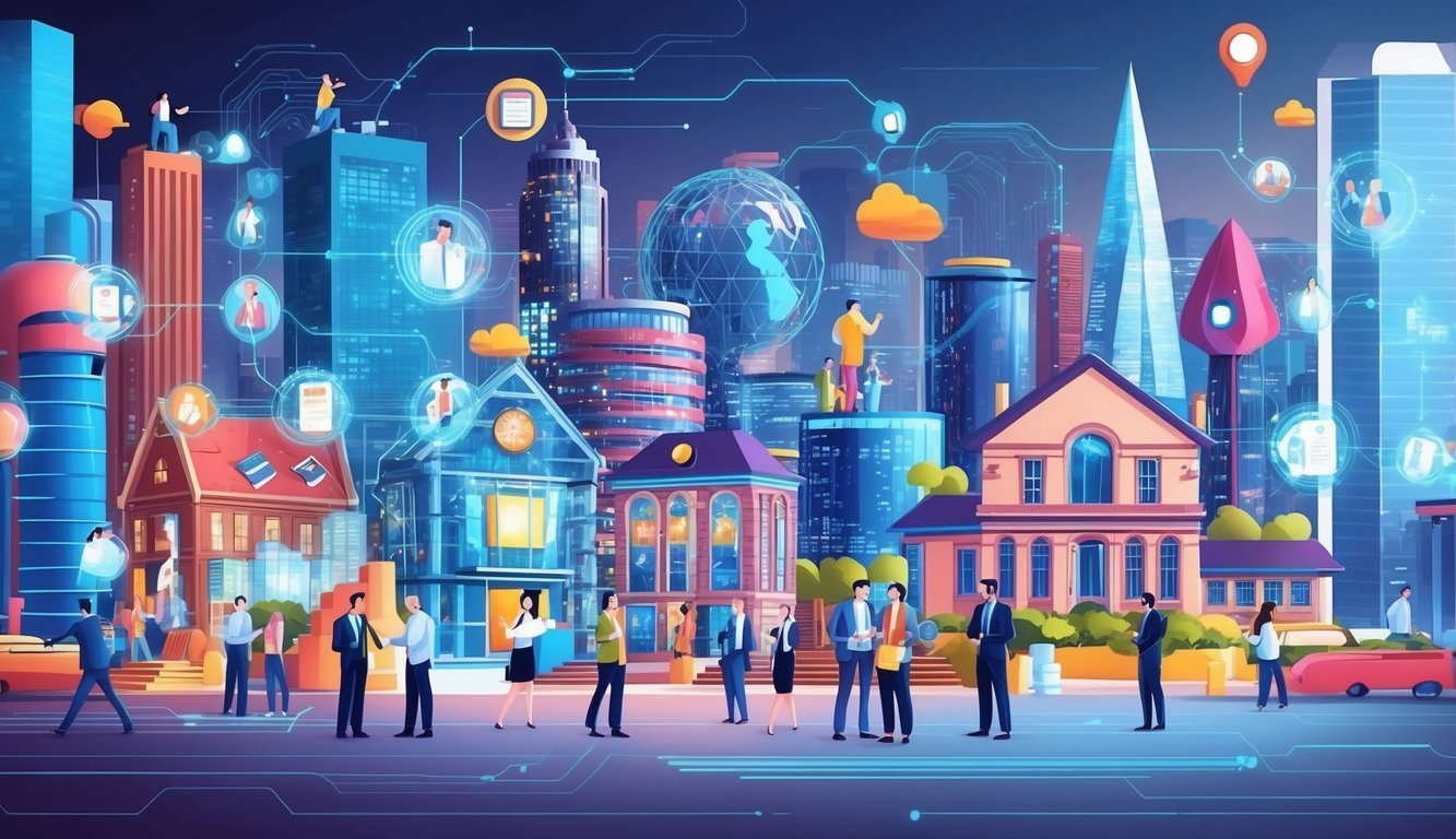 A bustling cityscape with diverse buildings and people collaborating in a vibrant, tech-driven environment