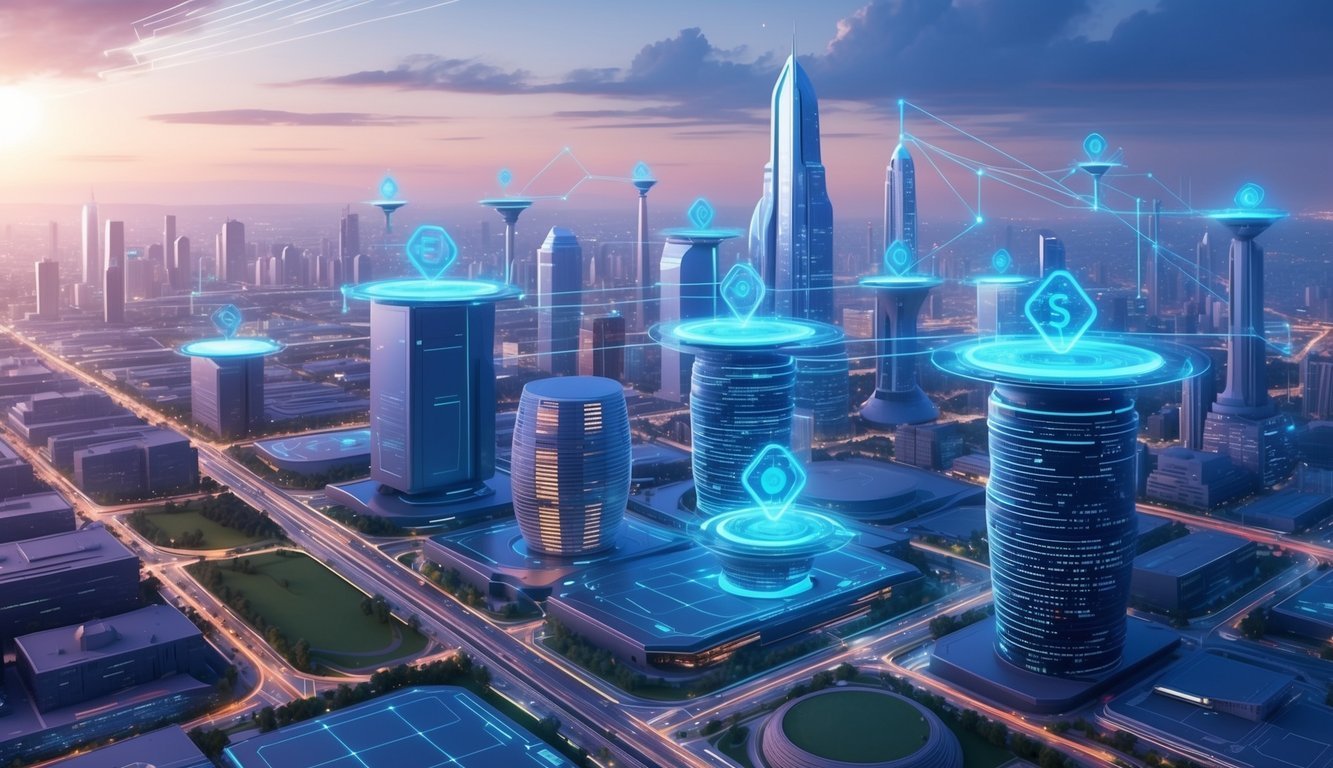 A futuristic cityscape with digital assets being traded seamlessly on a decentralized marketplace, powered by Immutable X technology