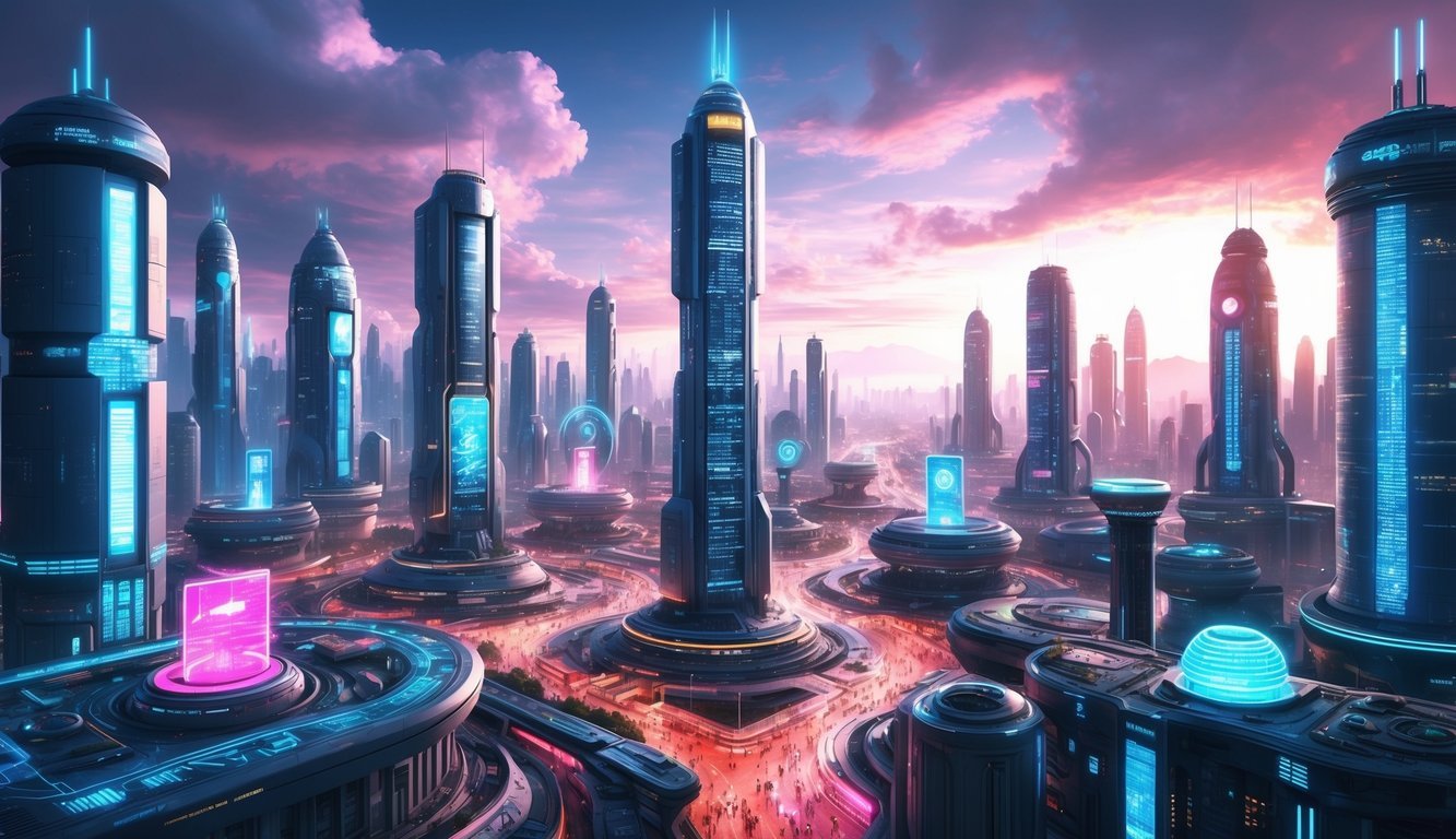 A futuristic cityscape with towering digital buildings and glowing neon signs, surrounded by advanced technology and bustling with activity