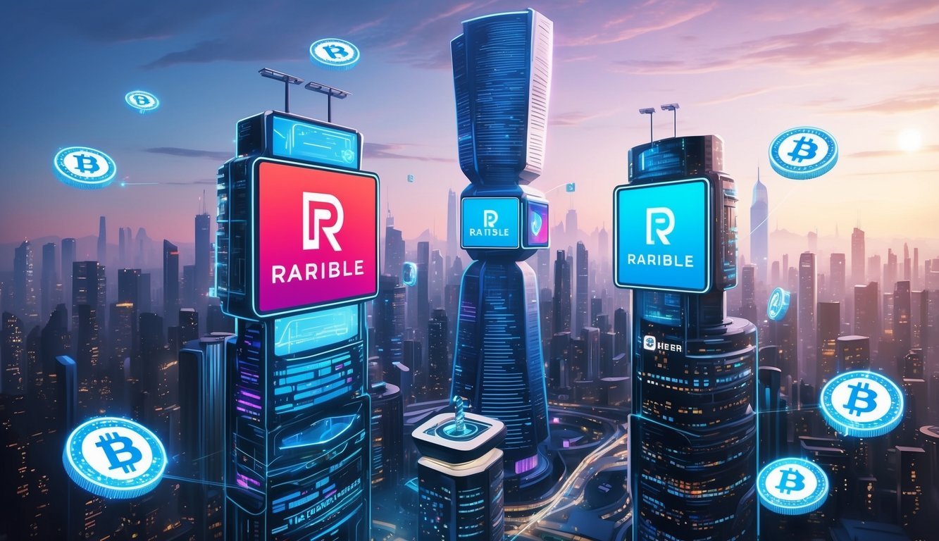 A futuristic cityscape with digital billboards displaying the Rarible logo, surrounded by floating NFTs and blockchain technology