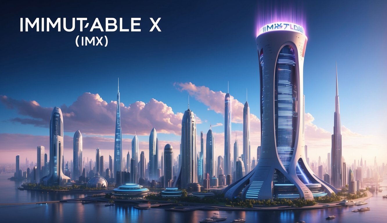 A futuristic city skyline with a prominent building labeled "Immutable X (IMX)" towering above the rest