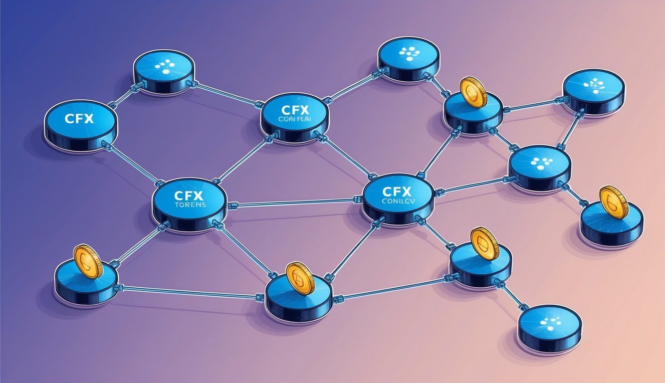 A network of interconnected nodes representing the Conflux blockchain, with tokens flowing between them to illustrate the CFX token economics