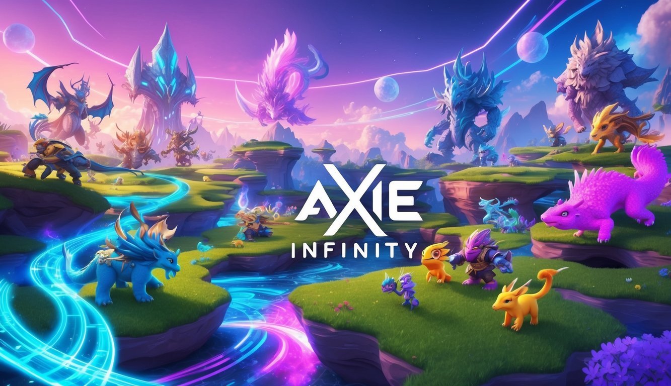 A colorful digital landscape with various fantasy creatures interacting in a virtual world, representing the concept of Axie Infinity (AXS) as a vibrant and dynamic online gaming platform