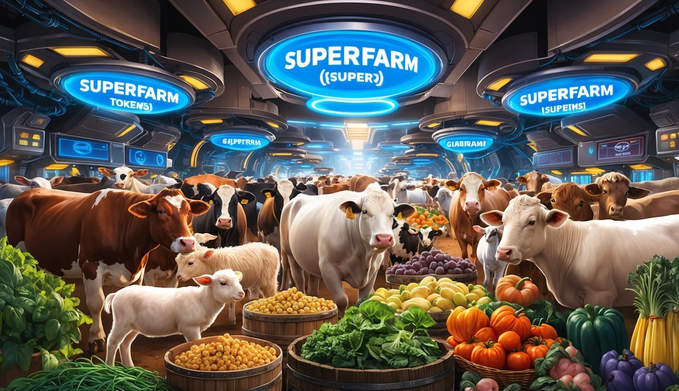 A bustling marketplace with various farm animals and produce, surrounded by futuristic technology and glowing signs for SuperFarm (SUPER) tokens