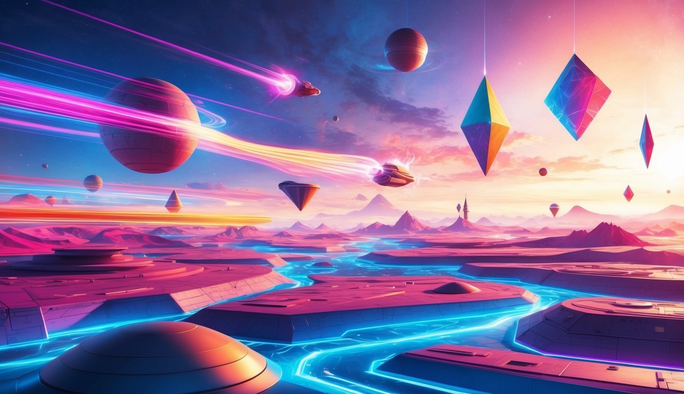 A vibrant, futuristic landscape with floating geometric shapes and colorful, pulsating energy streams