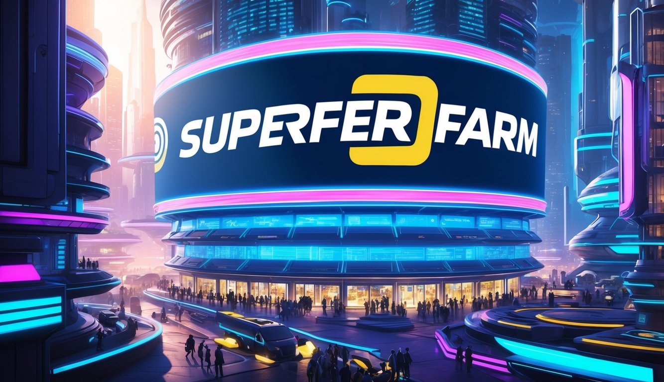 A vibrant, futuristic cityscape with a prominent SuperFarm logo displayed on a large digital billboard.</p><p>Bright lights and bustling activity suggest a cutting-edge, high-tech environment