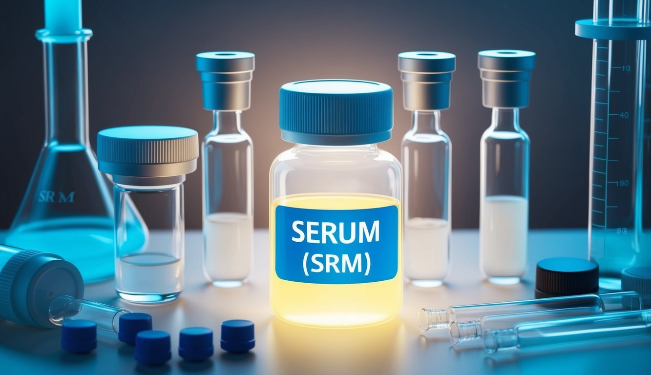 A laboratory table with vials and scientific equipment, a glowing liquid in a transparent container labeled "Serum (SRM)" placed in the center