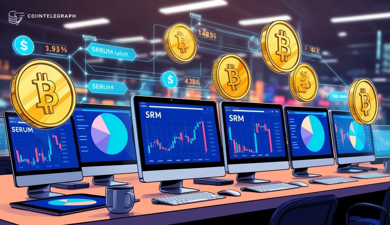 A bustling digital marketplace with various tokens and charts displayed on computer screens, showing the trading mechanics and market structure of Serum (SRM)