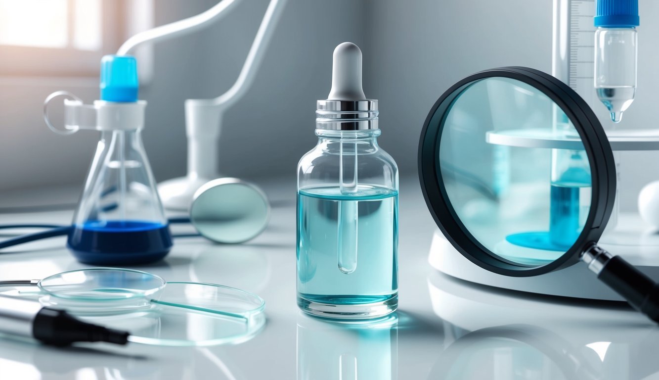 A clear serum bottle sits on a white countertop, surrounded by scientific equipment and a magnifying glass