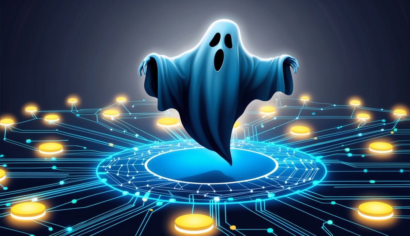 A ghostly figure floats above a digital blockchain network, surrounded by glowing nodes and interconnected lines