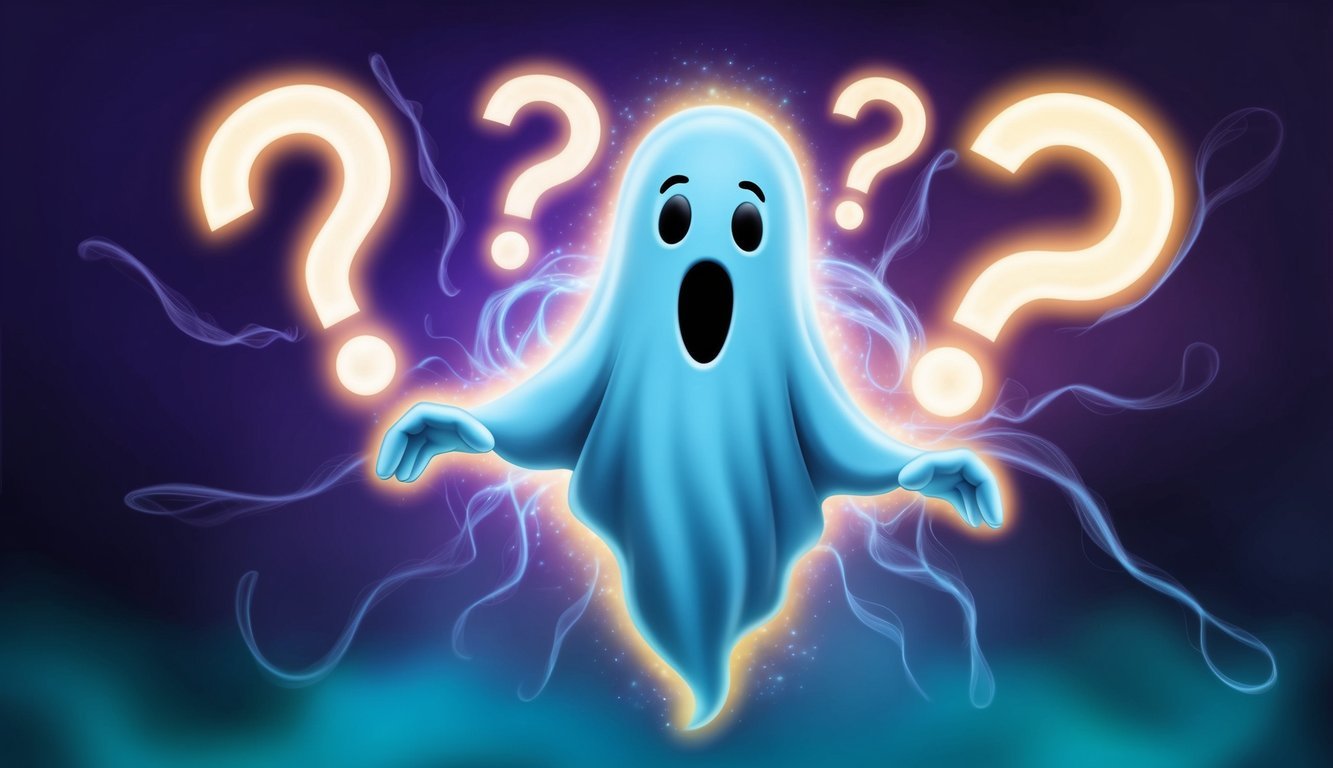 A friendly ghostly figure surrounded by question marks and a glowing, ethereal presence