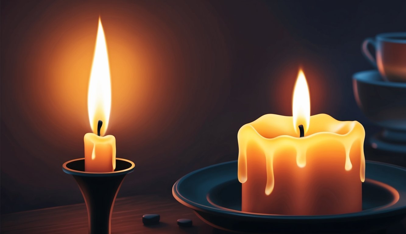 A glowing candle illuminates a dark room, casting a warm and flickering light on the surrounding objects