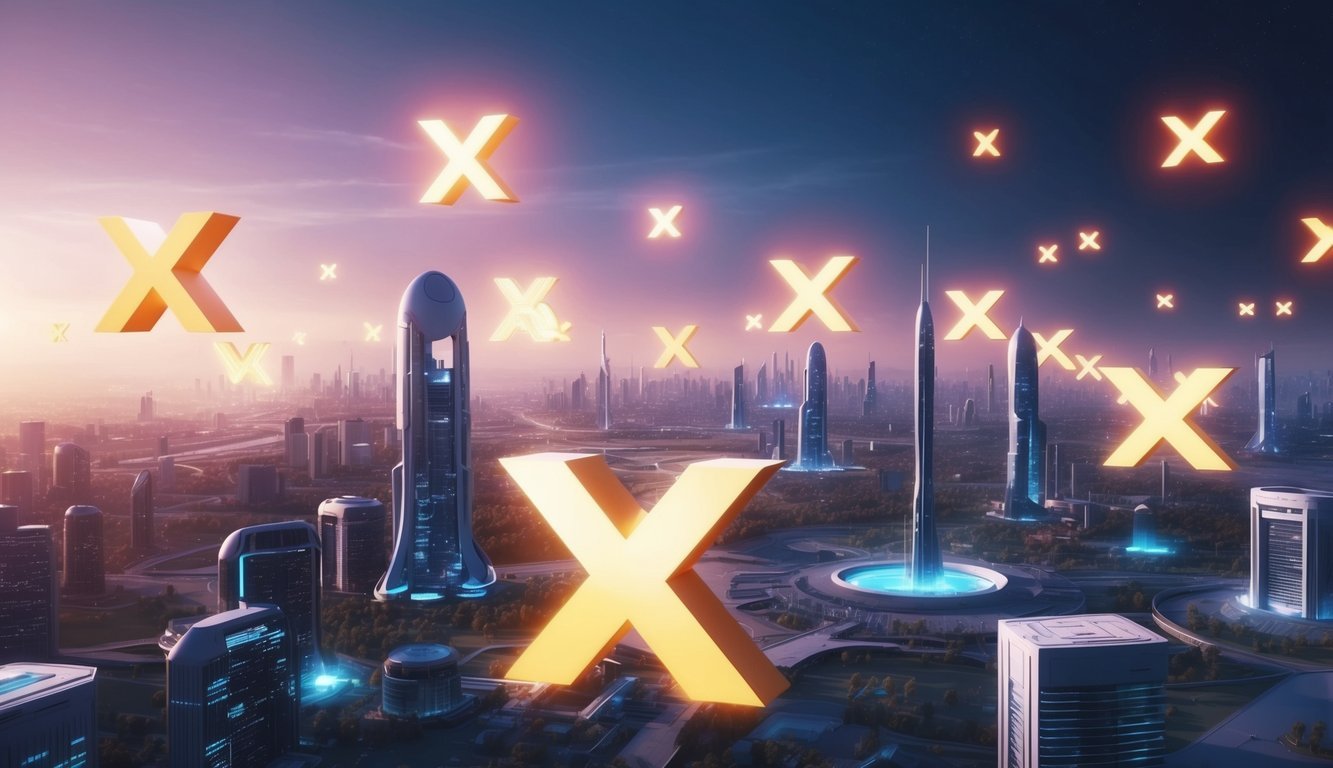 A futuristic cityscape with glowing VLX symbols floating in the air