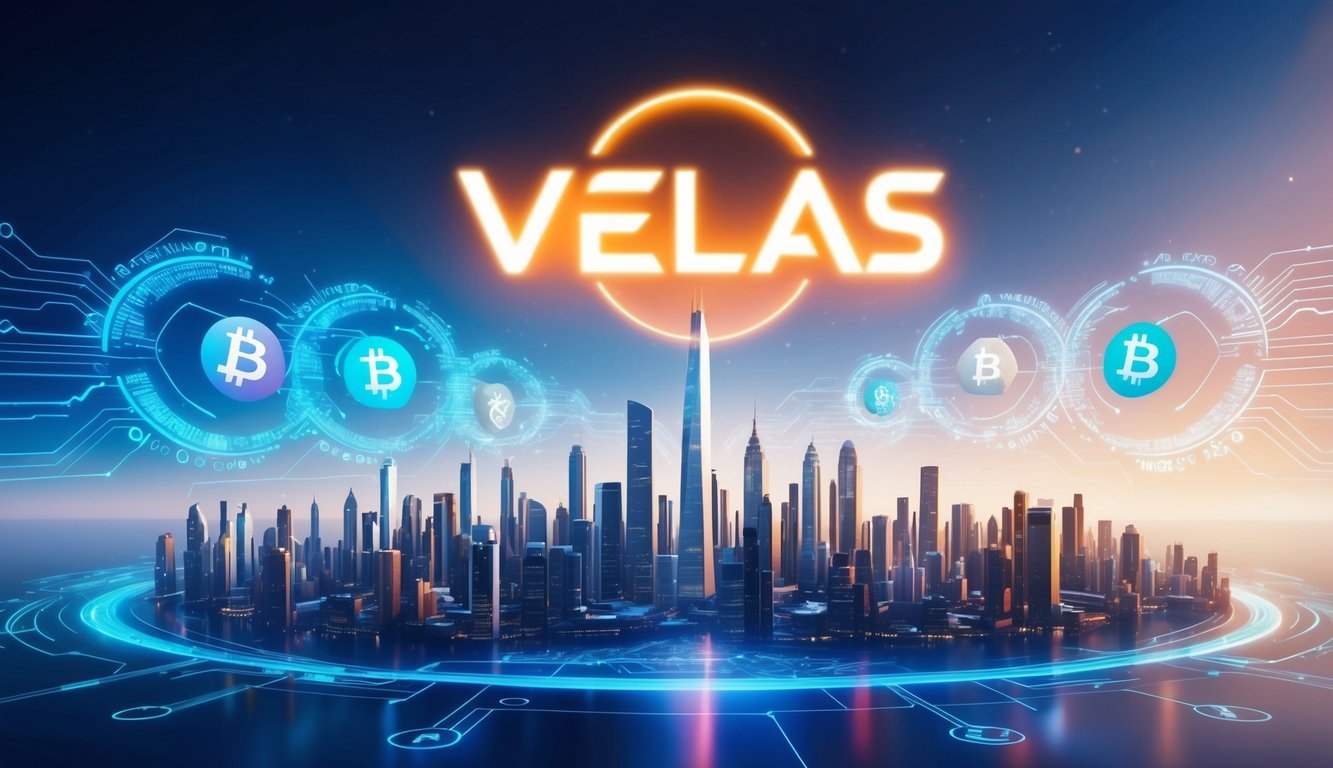 A futuristic city skyline with a glowing Velas logo hovering above, surrounded by digital data streams and blockchain symbols