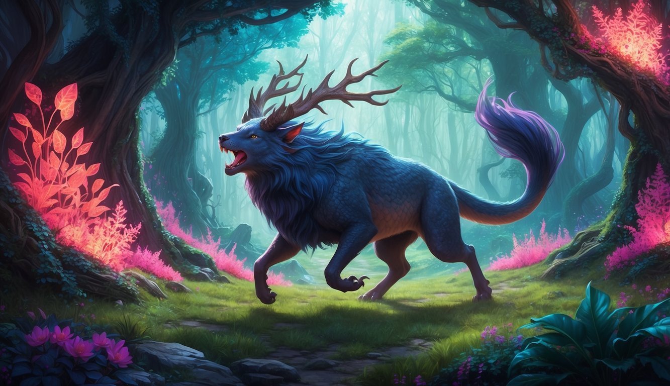 A mythical creature roams through a vibrant, otherworldly forest, surrounded by glowing flora and fauna