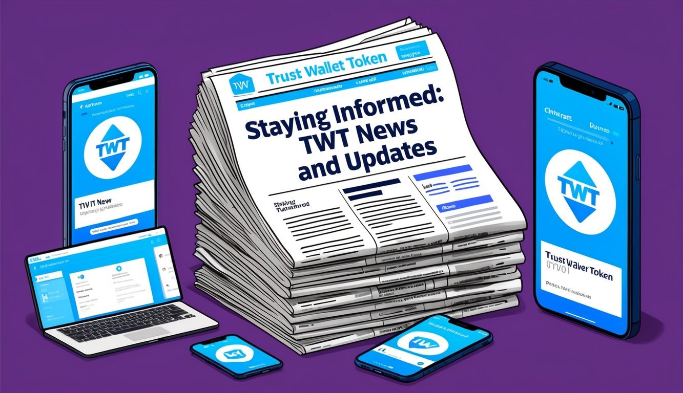 A stack of newspapers with the headline "Staying Informed: TWT News and Updates" surrounded by various digital devices displaying Trust Wallet Token (TWT) information