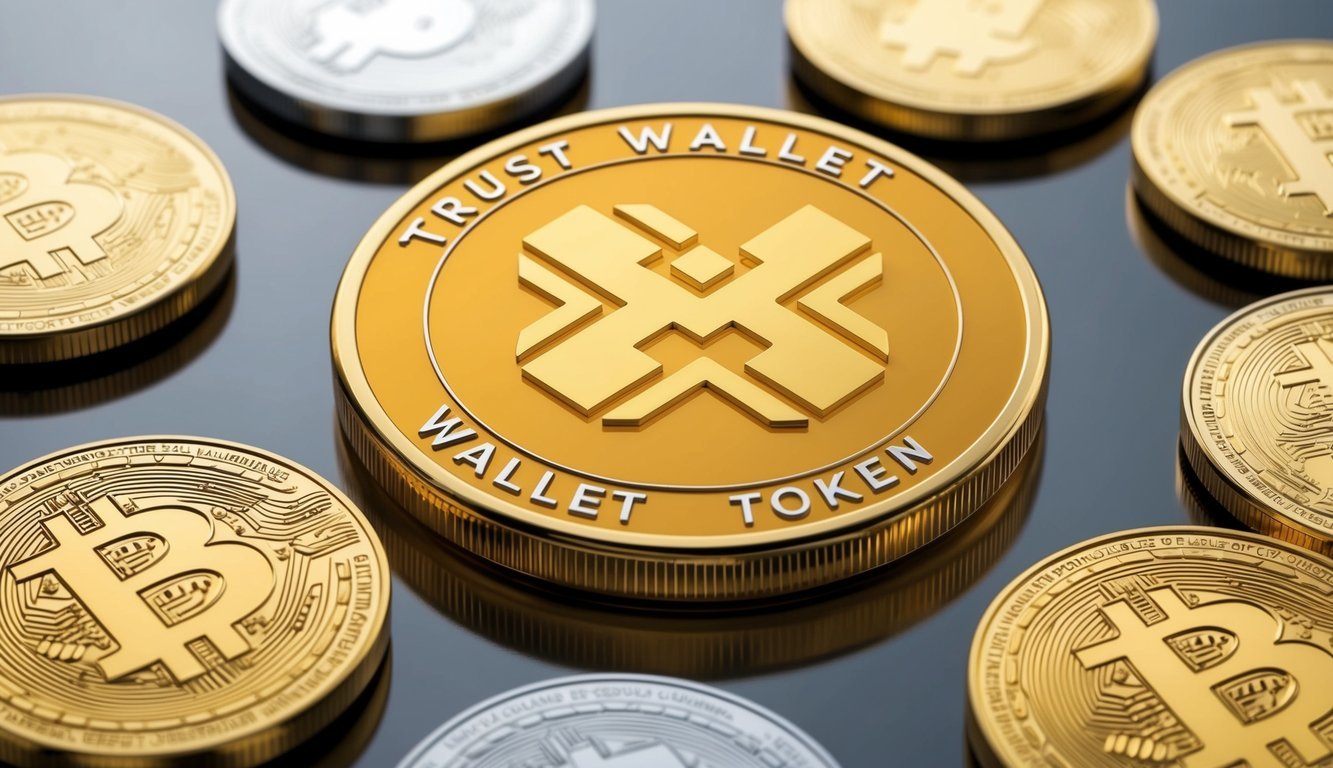 A shining golden coin with the Trust Wallet Token (TWT) logo on one side, surrounded by a circle of other digital currency tokens