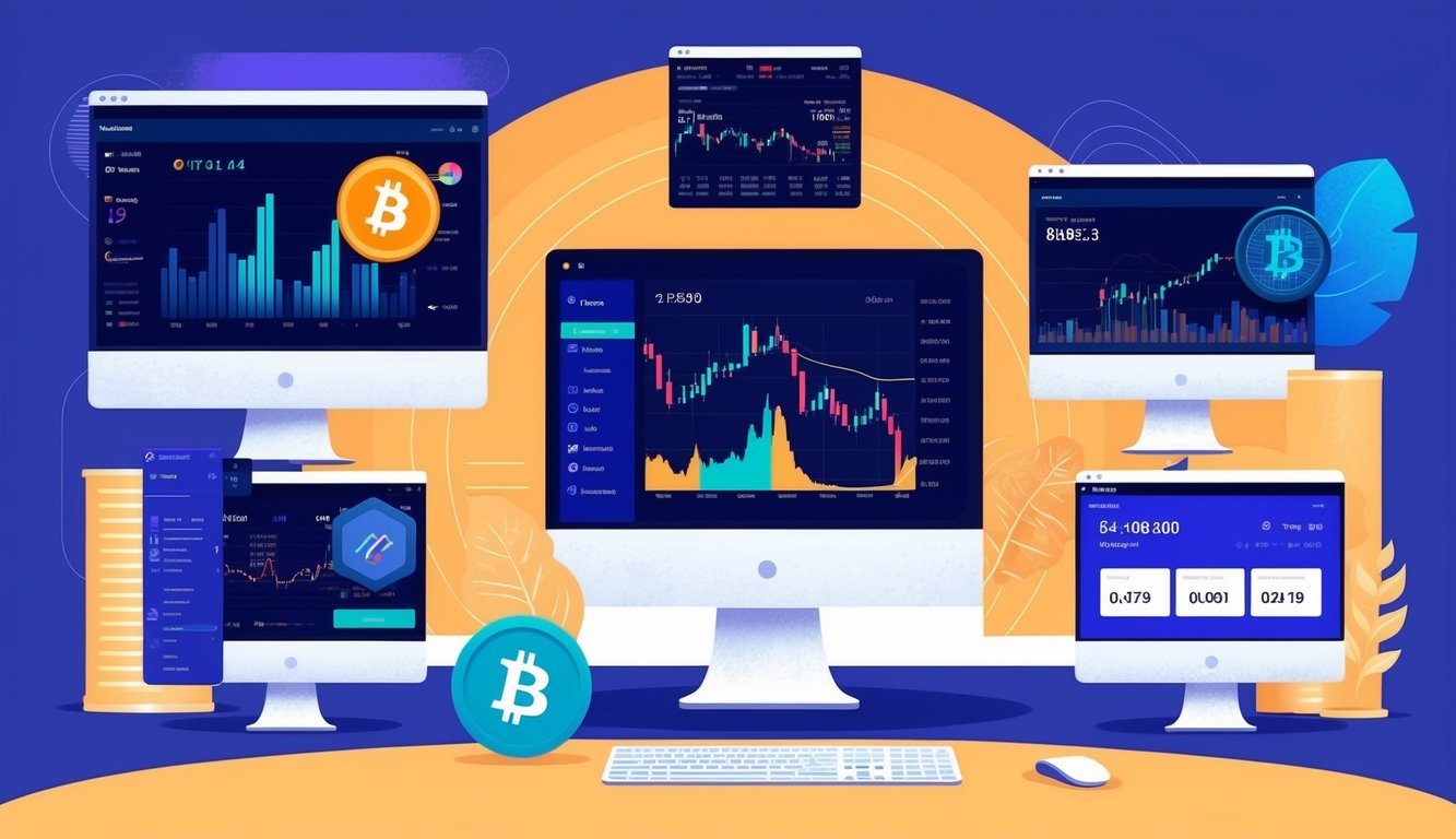 Six AI tools arranged around a computer screen showing cryptocurrency data.</p><p>Each tool has a unique interface and displays various analytics and trading information