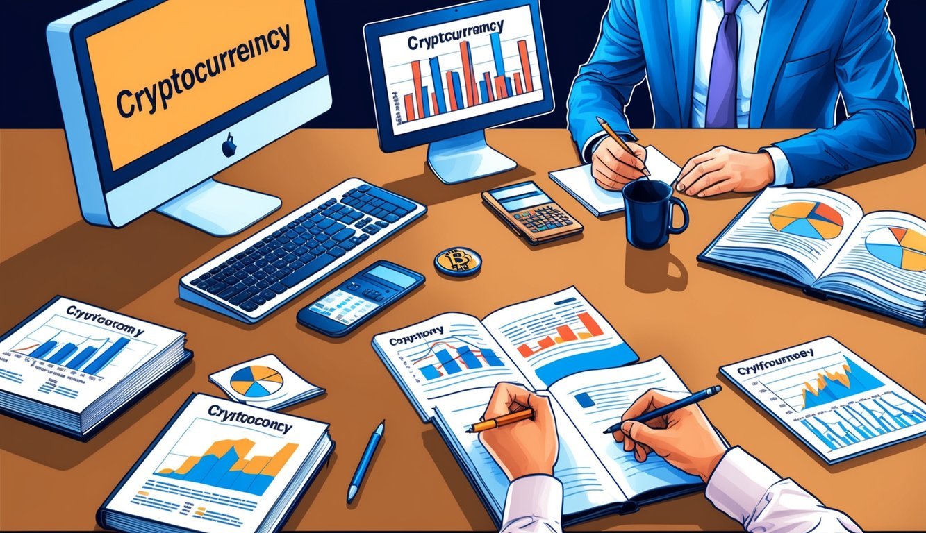 A desk with a computer, books, and charts on cryptocurrency.</p><p>A person is studying and taking notes