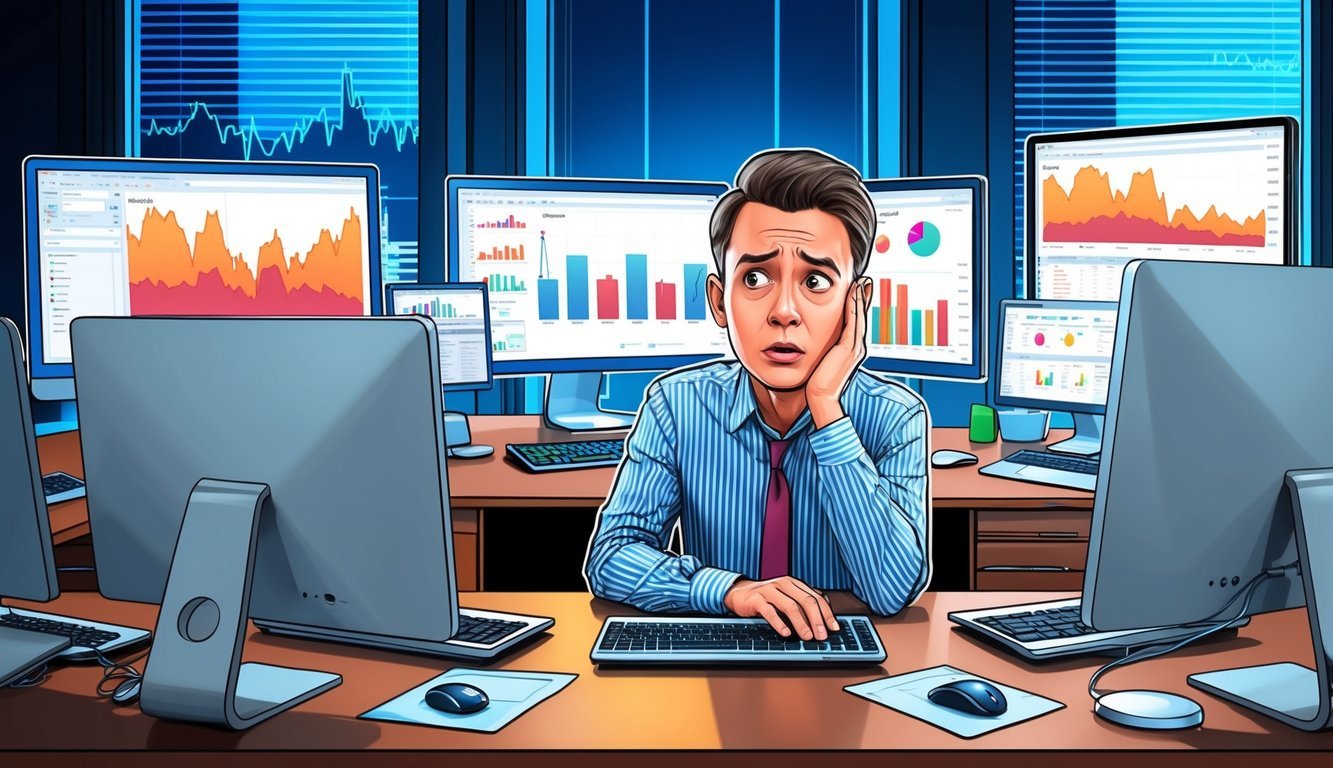 A person sitting at a desk, surrounded by computer screens and charts, with a worried expression while looking at a cryptocurrency investment portfolio