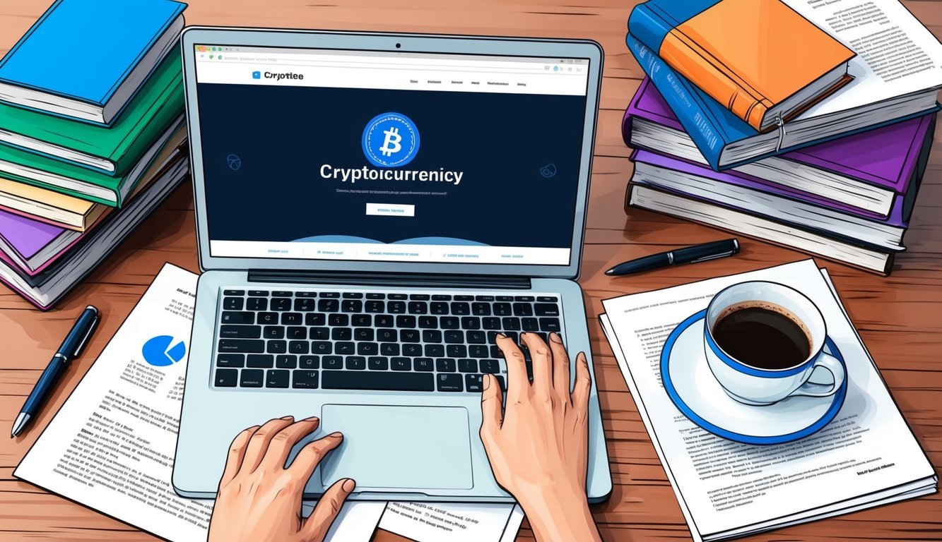 A desk with a laptop open to a cryptocurrency website, surrounded by books and papers on the topic.</p><p>A cup of coffee sits nearby