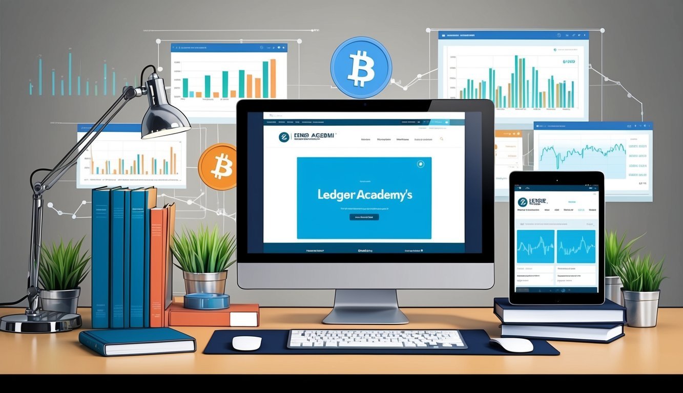 A desk with a computer, books, and a tablet open to Ledger Academy's website, surrounded by cryptocurrency charts and graphs