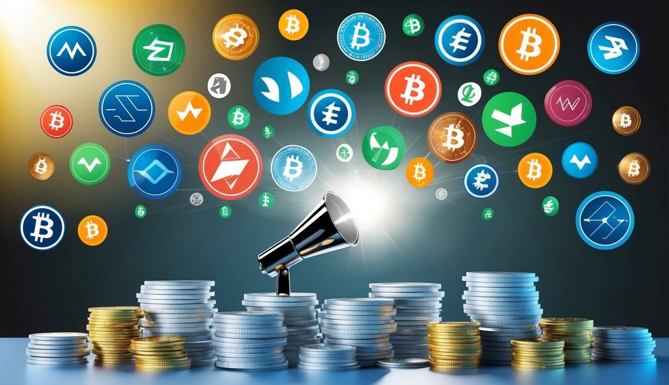 A diverse array of cryptocurrency symbols floating above a stack of investment tips, with a spotlight shining on the central message