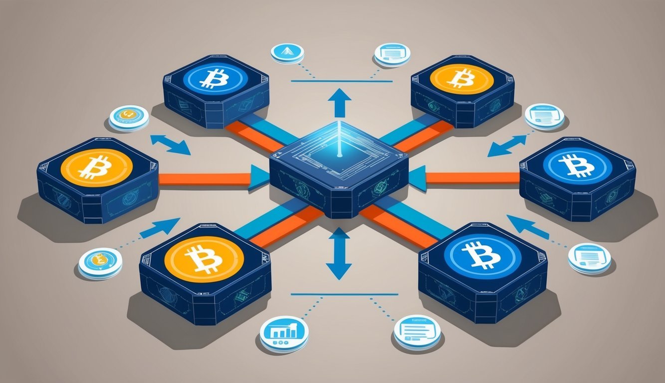 A series of interconnected blocks with digital currency symbols, surrounded by informational icons and arrows pointing towards a central point