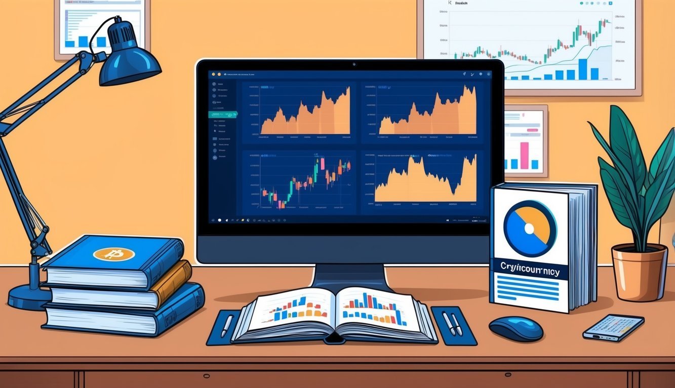 A desk with a computer, books, and charts on cryptocurrency.</p><p>A podcast playing in the background