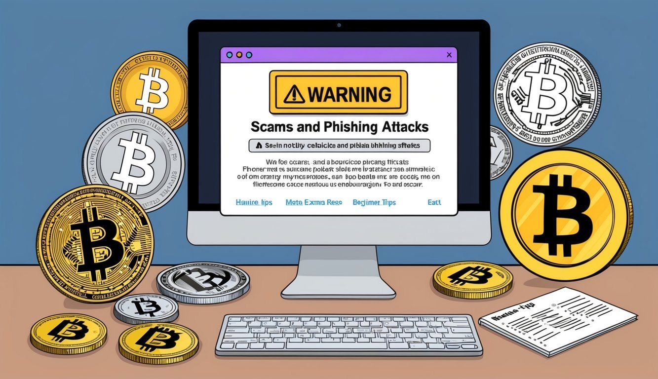 A computer screen with a warning pop-up about scams and phishing attacks, surrounded by images of various cryptocurrencies and a list of beginner tips