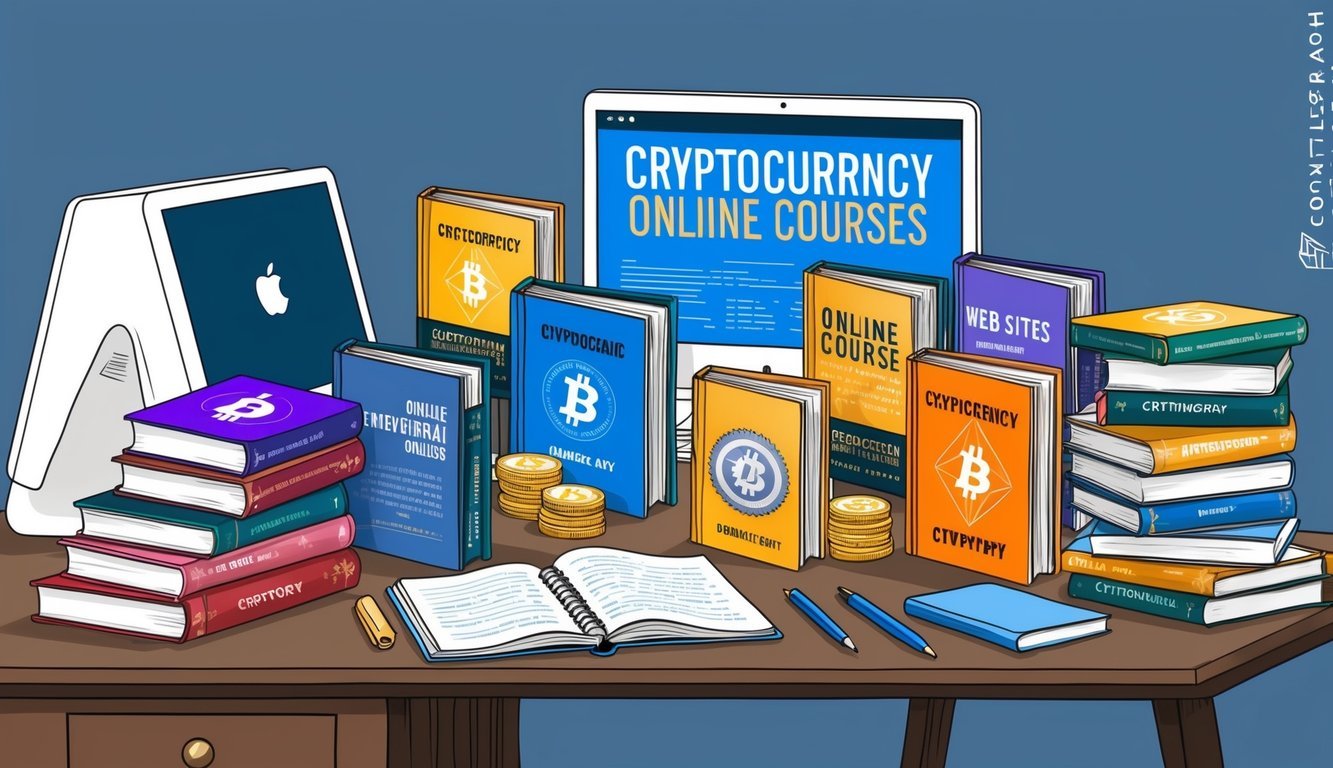 A diverse collection of books, websites, and online courses on cryptocurrency displayed on a desk, surrounded by a computer, notebook, and pen