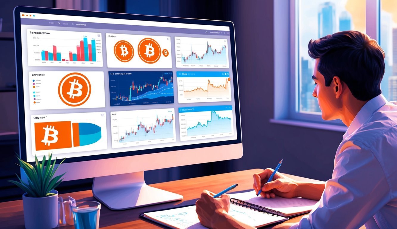 A computer screen displaying various cryptocurrency symbols and charts, with a person taking notes and studying the information