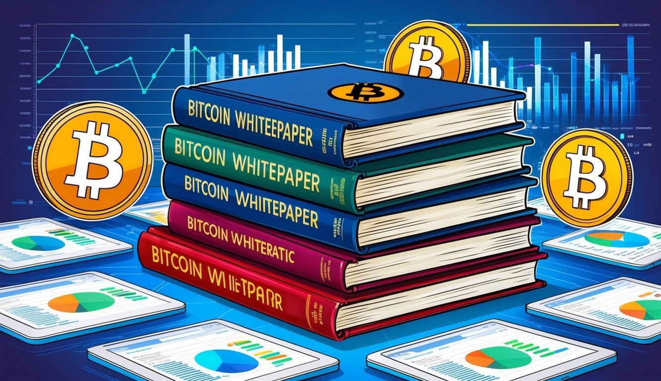 A stack of books on cryptocurrency, including the Bitcoin Whitepaper, surrounded by digital charts and graphs