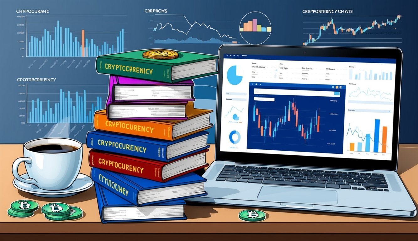 A stack of books on cryptocurrency with a laptop open to a website, surrounded by graphs and charts, and a cup of coffee nearby