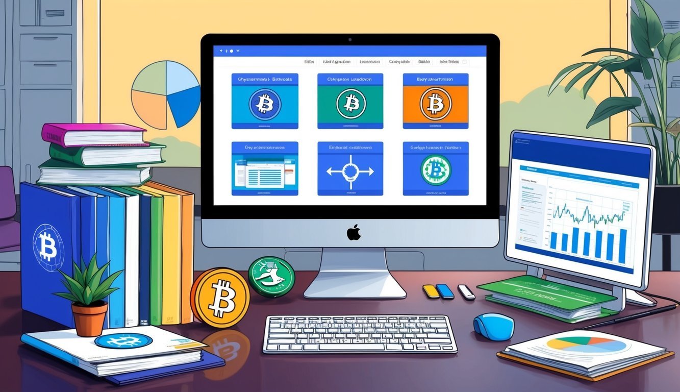 A desk with a computer displaying various cryptocurrency learning platforms.</p><p>Books, charts, and online resources surround the computer