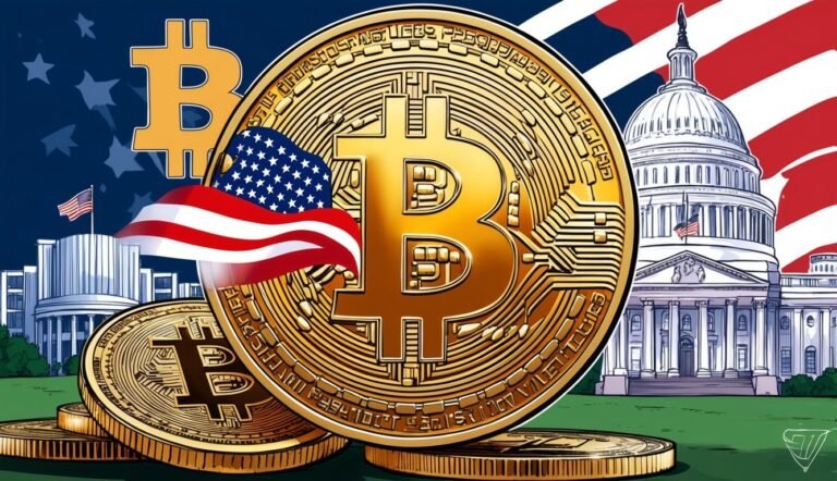 Bitcoin coins, American flag, and the Capitol building in a digital illustration