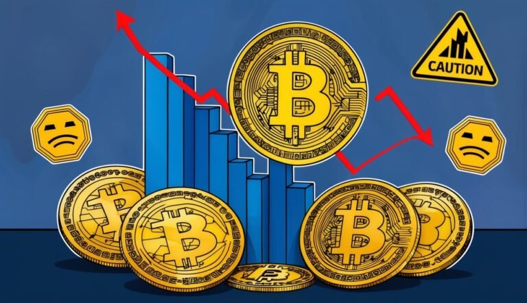 Bitcoin price chart with downward trend, caution sign, and sad faces