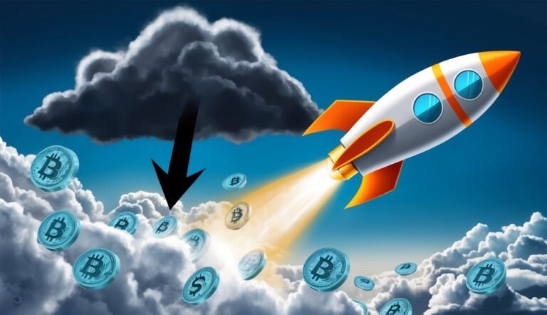 Rocket soaring above clouds with Bitcoin coins, under a dark cloud